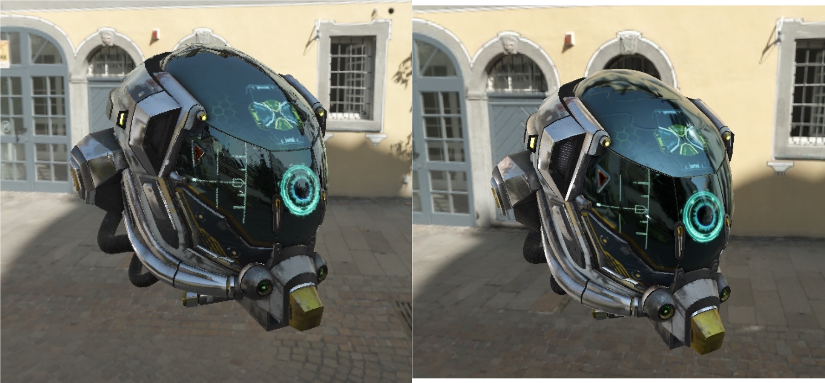 Helmet model viewed in custom vulkan engine (left) vs viewed in the Godot game engine (right)