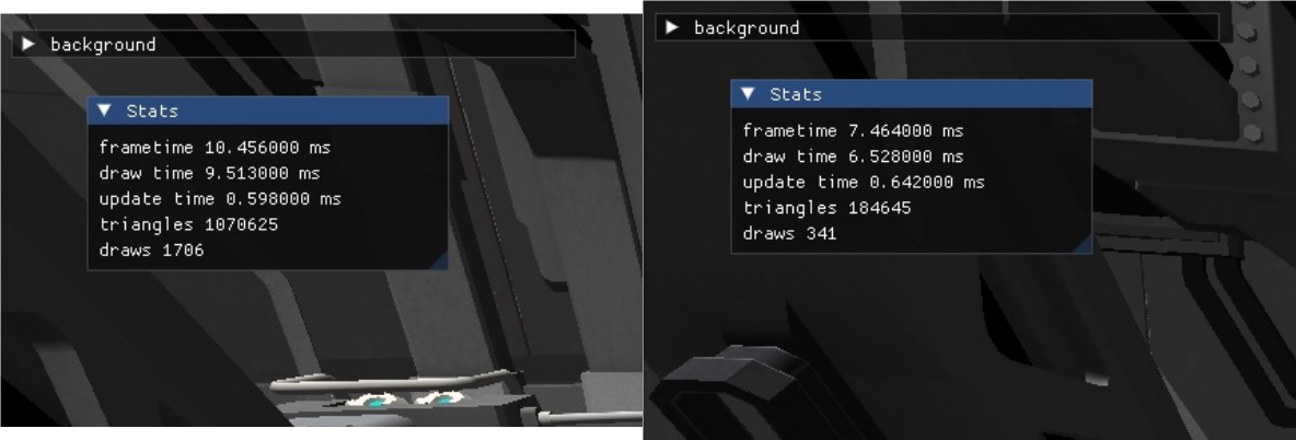 Engine before and after optimizing how often materials rebinded resources and after adding frustum culling. Pipelines, descriptor sets, and index buffers were changed to only rebind when needed and the scene's materials are sorted to keep alike materials together. Frustum culling works by skipping rendering objects that are not in the camera's view frustum which is demonstrated by the before and after triangle count